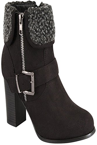 Forever Link SUEDE MATERIAL SIDE ZIPPER BUCKLE STRAP FUR TRIM ACCENT CHUNKY HIGH HEEL BOOTIES