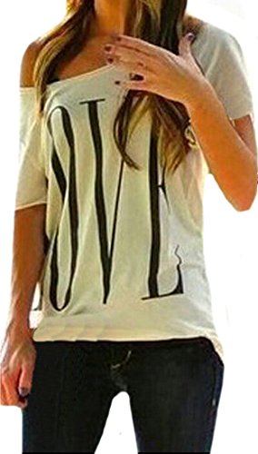 Generic Womens Casual Shoulder Off Letterde Printed Short Sleeve Tee