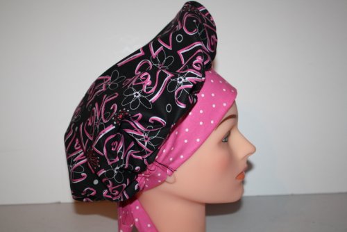 

Scrub Cap Surgical Scrub Hat Chemo Hat Tie Back Bouffant Style - Black Pink Love