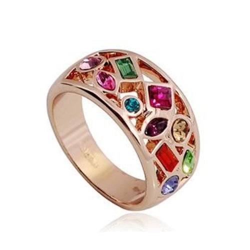 Fashion Plaza 18k Rose Gp Colourful Austrian Crystals Multi-stone Ring R418 (7)