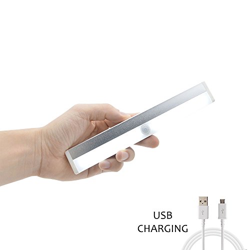 Rechargeable Motion Sensing LED Light, JVR LH42W 16-LEDs Cordless Portable Cabinet Light Night Light with Auto & Manual 2 Modes for Closet Hallway Bathroom, Magnetic Strip Mount, White