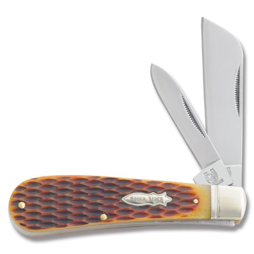 

Rough Rider Half Hawk Fold Knife, 440 SS pen and sheepsfoot blade, Amber jigged KB277 AMBER JIGGED