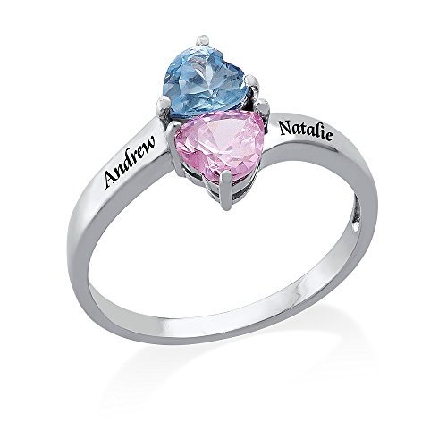 Personalized Heart Birthstone Ring in Sterling Silver - Promise Split Band Ring Engraved with Any Name