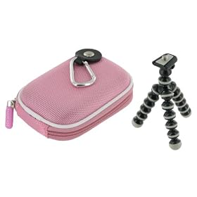 rooCASE 2n1 Nylon Hard Shell (Pink) Case with Memory Foam and Premium Tripod for Flip Mino Camcorder Black