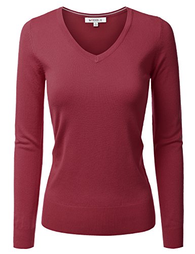 Doublju Womens Basic Long Sleeve Soft Knit V-Neck Sweater