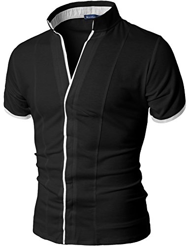 Doublju Mens China Collar Shirt with Hidden Placket