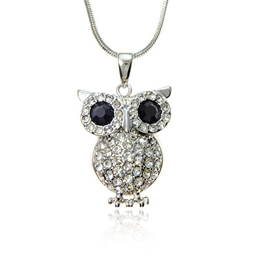 PammyJ Big Eye Owl with Clear Crystals Silvertone Pendant Necklace, 18