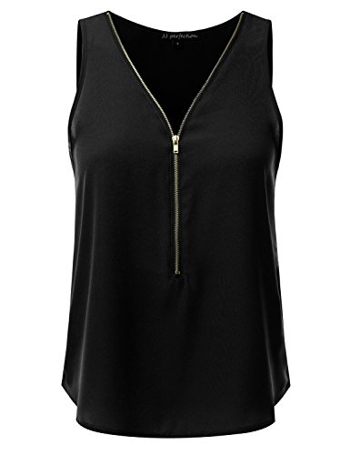 JJ Perfection Women's Woven Zipper Neckline Tank Top