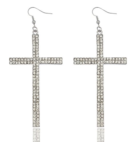Silvertone 4 Inch Drop Dangle Cross Earrings with Rhinestones