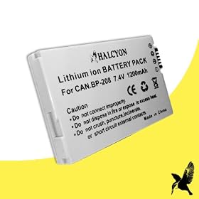 Halcyon 1200 mAH Lithium Ion Replacement Battery for Canon BP-208 and Canon DC10, DC20, DC21, DC30, DC40, DC95, DC100, DC201, DC210, DC220, DC230, MVX450, MVX460, Elura 100, Optura S1