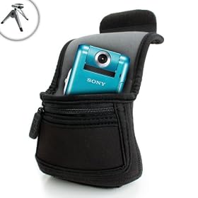 USA GEAR FlexArmor Compact Neoprene Case & Action-Ready Belt Holster for Sony Bloggie / Toshiba Camileo / Kodak / Panasonic / Flip & more Pocket Camcorders ** Includes Mini Tripod **