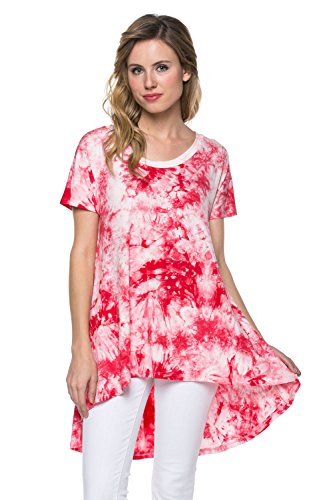 Frumos Womens Short Sleeve Tie Dye Spandex Hi-Low Tunic Top