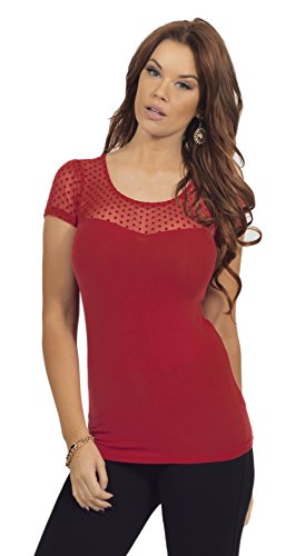 Women's Round Neck Sheer Polka Dot Mesh Inset Short Sleeve Slim Fit Fashion Top