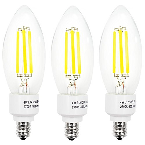 3-PACK 110V 4W E12 Clear LED Filament Bulbs - 2700K Warm White 40W Equivalent LED Filament Light Bulb - E12 Candelabra Base - 400LM 360 Degree Beam Angle