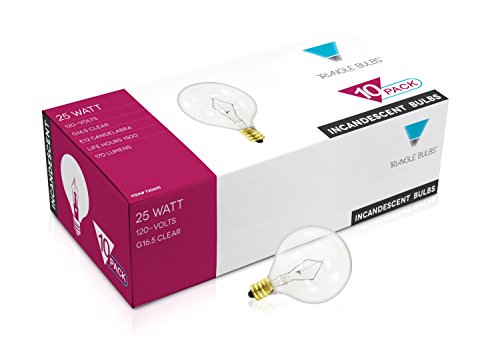 Triangle Bulbs T20625-10 (10 pack) - 25G16.5/CL, 25 Watt, G16.5 Decorative Globe, 120 Volt, Clear, E12 Candelabra Base Incandescent Light Bulb, 10  Pack