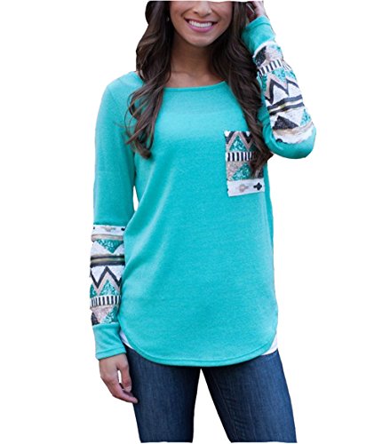 Women Cotton Casual Crewneck Solid Long Sleeve T-shirt Tops with Pocket
