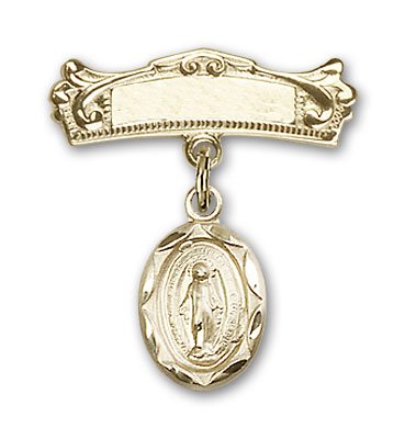 

14kt Gold Baby Badge with Miraculous Charm and Arched Polished Badge Pin