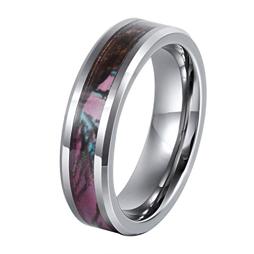 L-Ring 6MM Elegant Hunting Camouflage Tungsten Ring Step Edge Polished Wedding Band, Size 5-14