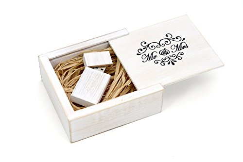 Antique Maple 8GB USB Flash Drive - Stained in Wedding White - Inserted into a Printed Matching Maple Stained Box with Raffia grass inside. MR & MRS Design!