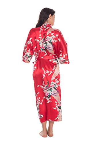 

KimonoDeals Women's Soft Kimono Robe,with Pockets- Peacock & Blossom,Long