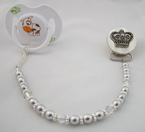 Crystal Dream Luxury Keepsake Swarovski Silver Simulated Pearls and Clear Crystals Hand Crafted Silver Crown Girl Princess Pacifier Clip 8 Inch (CCS)