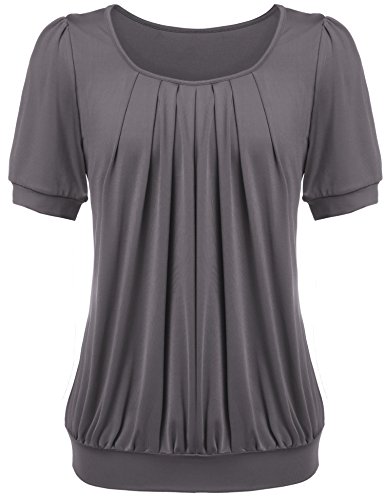 Halife Women's Casual Solid Color Round Neck Pleated Front Blouse Tops with Sleeves