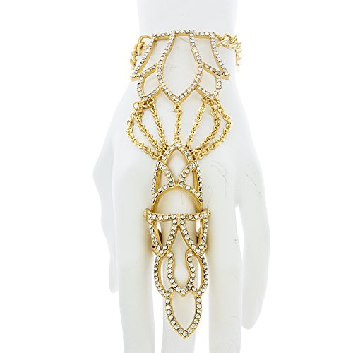 Goldtone Fancy Armor Full Finger Ring Crown with Clear Rhinestone Bracelet Hand Chain