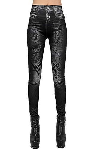 Jescakoo Women Cute Printed Denim Look Spandex Jeggings Black