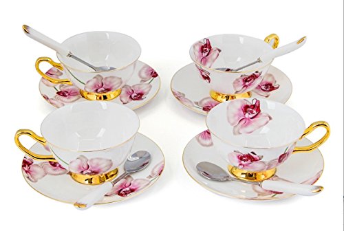 Porcelain Tea Cup and Saucer Coffee Cup Set White color with Saucer and Spoon 7 oz Set of 4 TC-HDL
