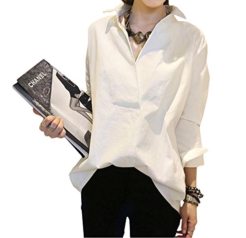 (Cazu's) 緩やか スタイル 着こなし カットソー レディース / ロング 丈 ブラウス メンズ ライク シャツ / 春 夏 秋 部屋着 外出 パーティー 通勤 通学 に (03: ホワイト 白 色 L )