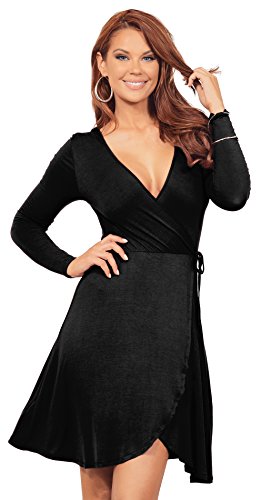 Women's Classic Fit-and-Flare V Neck Long Sleeve Faux Wrap Casual Cocktail Dress