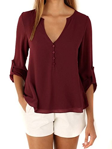 DEARCASE Women's V-Neck Button Detail Dip Back Solid Blouse Top