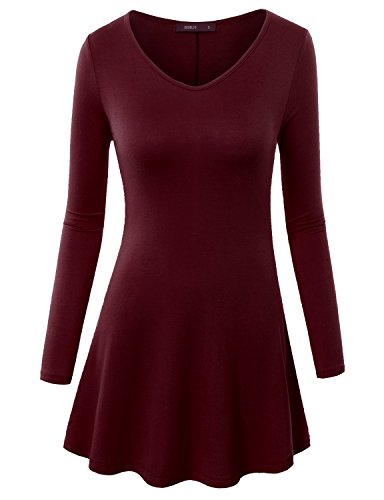 Doublju Women Basic Designed V-Neck Long Sleeve Flare Tunic Top