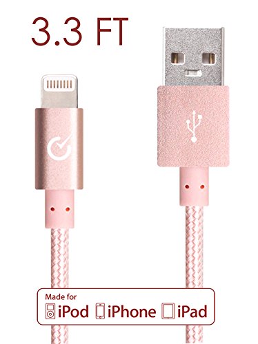 Volts Apple MFi Certified Nylon Braided USB Lightning Cable with Aluminum Case and 8-pin Connector, 3.3 Feet (1 Meter) - Rose Gold
