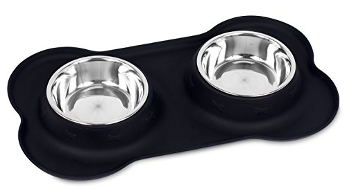Internet's Best Bone Dog Bowl Set | Double Stainless Steel Pet Food Water Bowls | No Spill Silicone Stand | Toy Breeds | Black