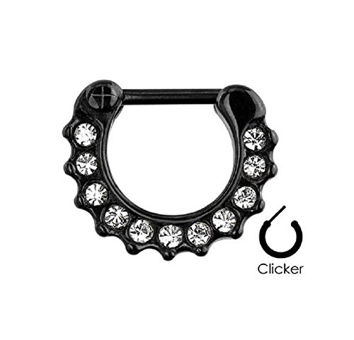 Shining Black IP Gem Paved Septum Clicker Ring 16G 108BC