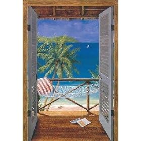 Tropical Beach Doors Window Wallpaper Wall Mural Home Decor Sea Sand Hammock Palm Tree Paradise