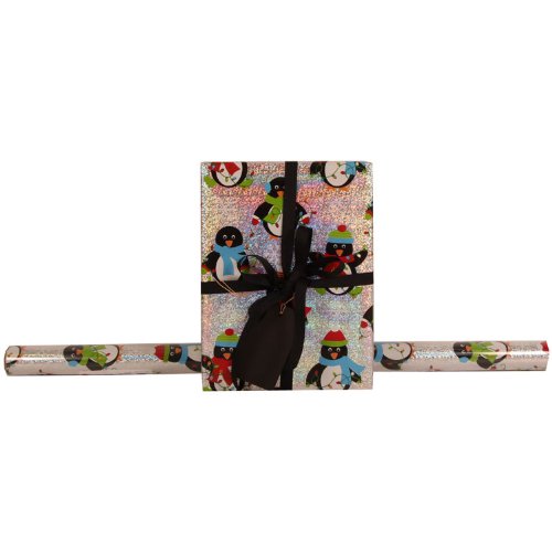 25 sq ft Silver Penguin Glitter Design Wrapping Paper