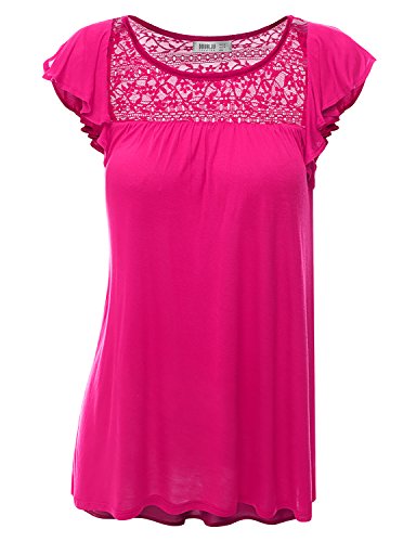 Doublju Women Shirring Details Loose Fit Short Flare Sleeve Top with Race Point