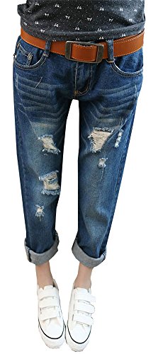 

AnVei-Nao Womens Girls Ripped Stripe Jeans Casual Denim Slim Capri Pants Trouser