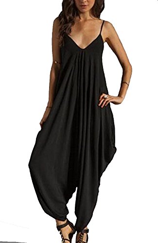 Kufv Women V-neck Spaghetti Strap Loose Jumpsuit Harem Cross Pant Long Rompers