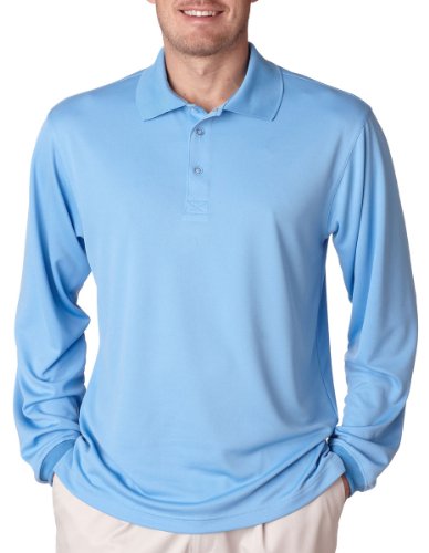 UltraClub Men's Long Sleeve Mesh Performance Polo Shirt, Columbia Blue, Large