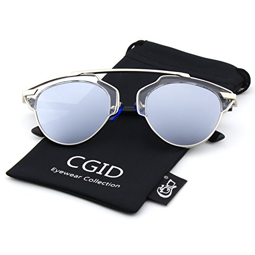 CGID Modern Fashion Polarized Pantos Shape Bar Brow Full Metal Rimmed Aviator Sunglasses,Silver Transparent Silver