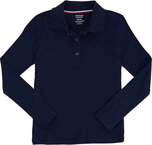 French Toast School Uniform Girls Long Sleeve Polo Interlock with Picot Collar, Navy, Small (6/6X)