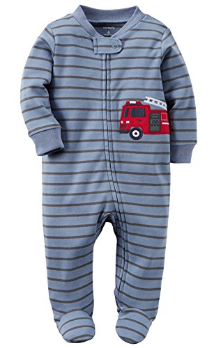 Carter's Baby Boys' Cotton Zip-Up Sleep & Play (9 Months, Blue Stripe Firetruck)