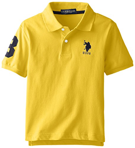U.S. Polo Assn. Big Boys' Short Sleeve Solid Pique Polo, Yellow/Navy, 8