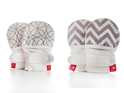 Goumikids Goumimitts Soft Stay On Scratch Mittens, 2 Pair, 3-6m, Pinwheel (Gray)/Chevron (Stone)