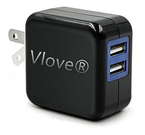 Charger,Dual USB Travel Wall Power Adapter Vlove 2.4 Amp USB Foldable Plug Made for Iphone 6 6plus 5 5s 5c 4s, Ipads, Ipods, Samsung Galaxy S6 S5 S4 S3 Note 2 3 and Most Android Phones (Black)
