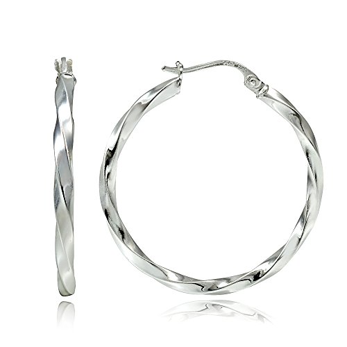 Hoops & Loops Sterling Silver 2mm Twist Medium Round Hoop Earrings