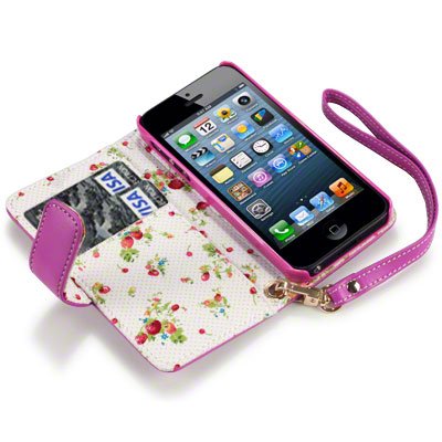 iPhone 5/5S Premium Faux Leather Wallet Case with Floral Interior (Hot Pink)